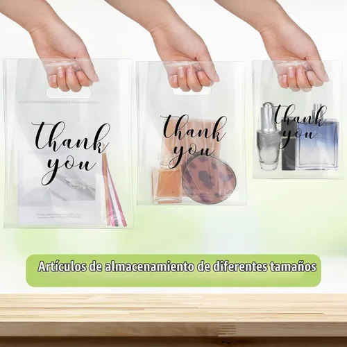 Vista 4 de Yeaqee 200 Piezas Bolsas Transparentes de Mercancía de Agradecimiento con Asas Troqueladas Bolsas de Compras de Plástico Reutilizables para Venta al