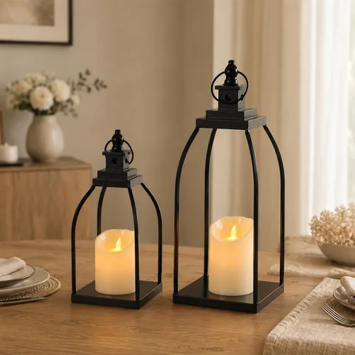 Vista 5 de DARJEN Farol Moderno de Granja para Decoración de Exteriores e Interiores - Faroles de Vela de Metal Negro de 15'' 12'' para Navidad, Faroles