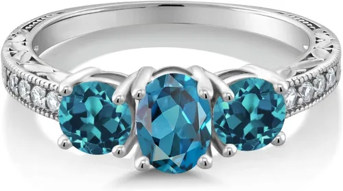 Vista 12 de Gem Stone King Anillo de compromiso de 3 piedras preciosas de oro blanco de 10 quilates con piedra natal y diamantes cultivados en laboratorio