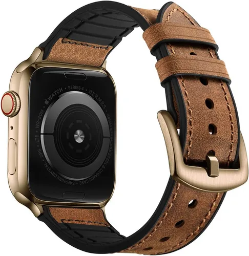 Vista 25 de OUHENG Correas de cuero compatibles con Apple Watch de 42mm 41mm 40mm 38mm, correa híbrida de cuero genuino y goma para iWatch Series 11 10 9 8 7 6