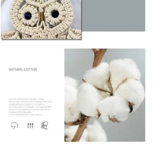 Vista 3 de Búhos atrapasueños de algodón macramé para colgar en la pared del dormitorio de los niños, decoración de pared 22 pulgadas de largo x 11.6 pulgadas