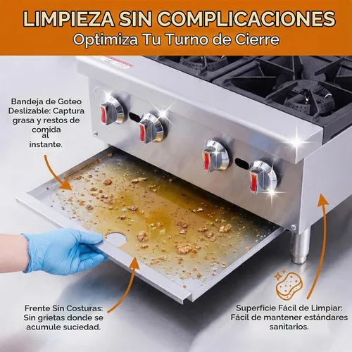 Vista 5 de Placa caliente de gas comercial de 24 pulgadas, rango de encimera de 4 quemadores 120,000 BTU, estufa de acero inoxidable resistente con rejillas