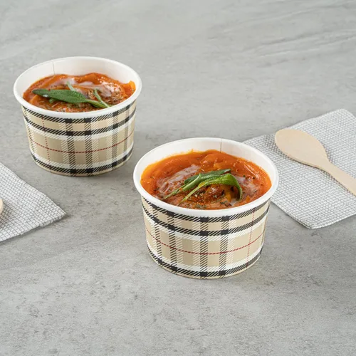 Vista 3 de Restaurantware Coppetta - Vasos de postre de 3 onzas, 50 tazas desechables para helado, tapas se venden por separado, cuencos de papel a cuadros