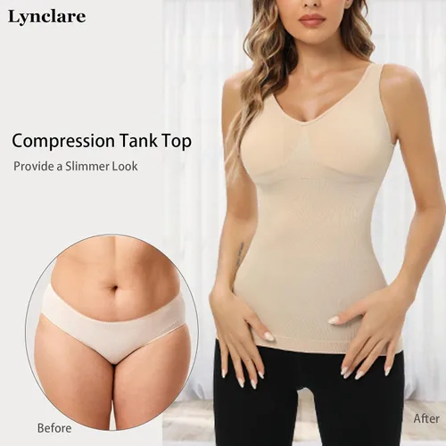Vista 4 de Camiseta sin mangas para mujer, con control de abdomen, sin costuras, de compresión, cuello en V, adelgazante