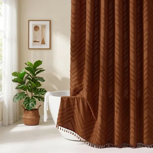 Vista 44 de Cortina de ducha Siiluminisoy de 36x72 beige, cortina de ducha de tela de tamaño pequeño, cortinas de ducha de tela con tufting, diseño chevron a