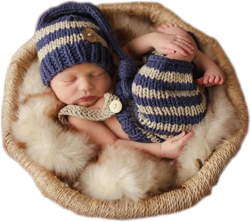 Vista 5 de Accesorios de fotografía para bebés recién nacidos, accesorios para sesión de fotos, trajes de ganchillo de punto unisex lindo sombrero pantalones