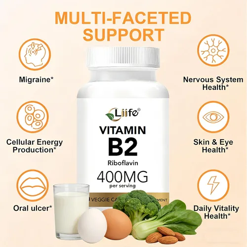 Vista 3 de LIIFE Vitamina B2-400 mg, riboflavina de alta potencia, apoya el alivio de la migraña, metabolismo energético, salud bucal y de piel, 180 cápsulas