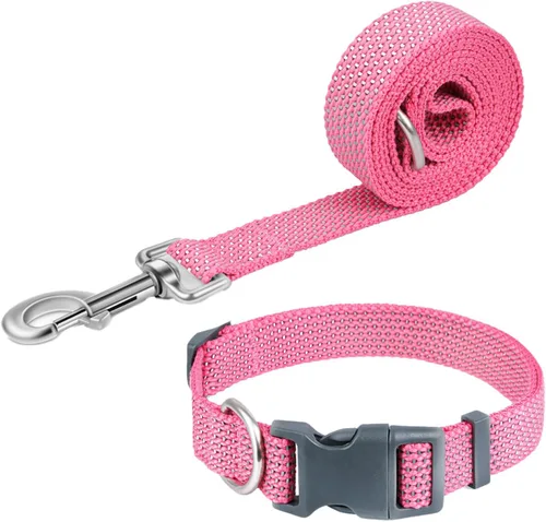 Vista 8 de Juego de collar y correa reflectante para perro, correa de nailon para perro con anillo en D de acero resistente, ajustable con hebilla de Cian