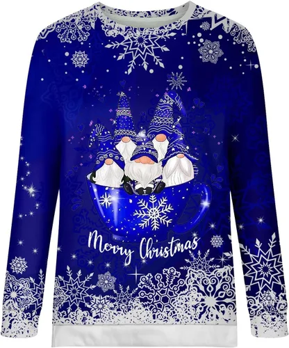 Vista 3 de Camiseta de Navidad para mujer, diseño de copo de nieve, letras de Feliz Navidad, manga larga, cuello redondo, blusa feliz y brillante