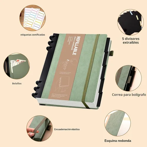 Vista 3 de Yoment - Cuaderno de diario de cuero para trabajo, recargable, 224 páginas, 100 GSM, papel grueso, cuaderno de 5 materias con separadores y pestañas