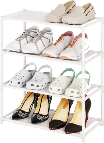 Vista 8 de Zapatero pequeño de 6 a 8 pares de estantes resistentes para zapatos de 4 niveles, organizador de zapatos estrecho apilable, estantes ligeros