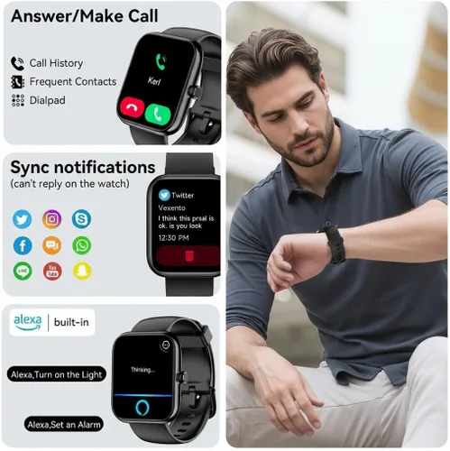 Vista 2 de Reloj inteligente con Alexa integrado, llamadas y notificaciones Bluetooth, monitor de salud HD de 1.83 pulgadas, frecuencia cardíaca 24/7 y Negro