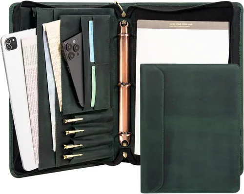 Vista 18 de Portafolio Personalizado de Cuero con Nombre Grabado, Organizador de Negocios Profesional con Cremallera para Hombres, Carpeta de Anillas