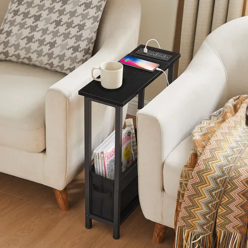 Vista 5 de BAMGROW Mesa auxiliar de carga delgada con almacenamiento, para espacios pequeños y dormitorio (negro)