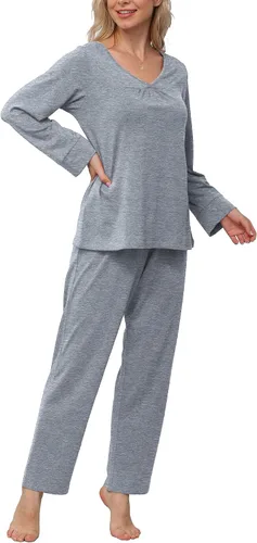 Vista 2 de POKWAI Conjunto de pijama para mujer, suave, cómodo, de manga larga, 2 piezas, con bolsillos