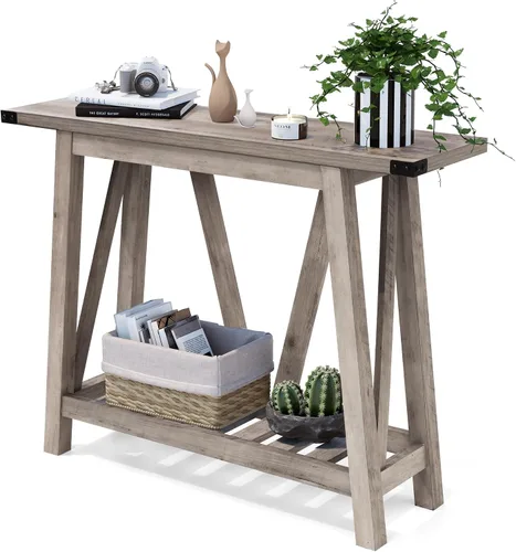 Vista 11 de Mesa de sofá extra larga de 70 pulgadas detrás del sofá, mesa de entrada industrial de 2 niveles, mesa consola de entrada estrecha con Negro