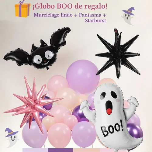 Vista 5 de Kit de arco de guirnalda de globos de cumpleaños pastel de Halloween, 130 globos morados, rosas y naranjas + globos de Mylar de murciélago fantasma