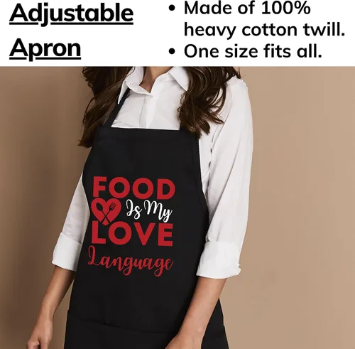 Vista 3 de Food Is My Love Language Foodie Chef Food Lover Blogger Delantales negros 1 tamaño para todos los hombres y mujeres Delantal de cocina, Negro