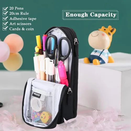 Vista 3 de iSuperb Estuche para lápices de pie, 2 compartimentos, estuche magnético para teléfono celular, soporte para bolígrafo, bolsa de teléfono de gran