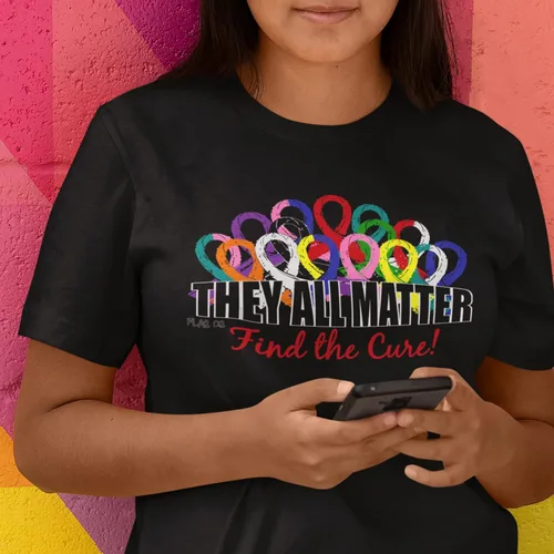 Vista 5 de Camiseta con cintas de concientización sobre el cáncer con texto en inglés They All Matter Find The Cure