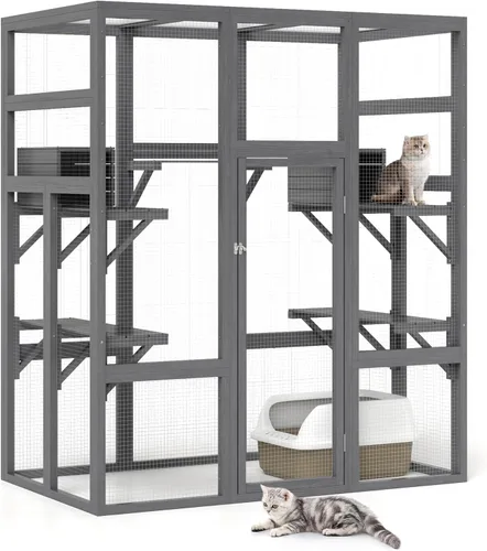 Vista 11 de Nyeekoy Refugio de gato al aire libre de madera grande de 71 pulgadas con perchas y condominios, casa para gatos con techo impermeable, refugio