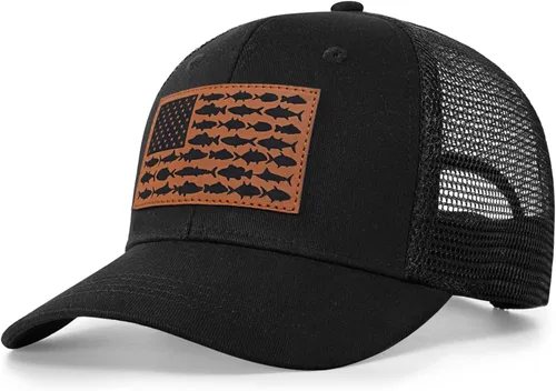 Vista 15 de Sombrero de camionero con bandera de pez estadounidense, regalos de pesca para hombres, sombrero de pesca Snapback perfecto para pesca y uso diario