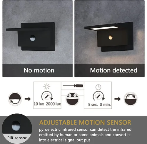 Vista 3 de Lustrlach Paquete de 2 apliques de pared para exteriores con sensor de movimiento, LED negro, IP54, impermeable, 680 lúmenes, para patio, porche