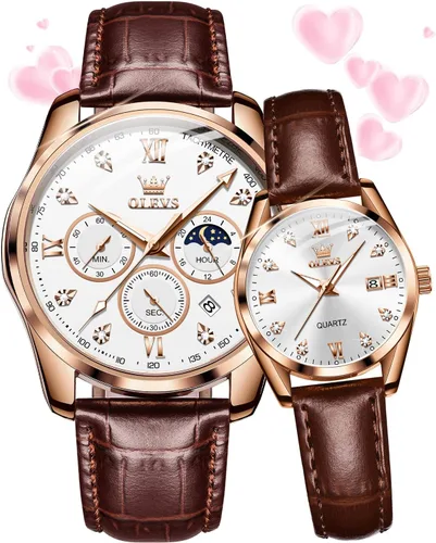 Vista 26 de OLEVS Juego de 2 relojes de cuarzo para parejas de San Valentín, para él y ella, cronógrafo de cuero, con diamantes para hombres, mujeres, amantes