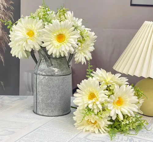 Vista 6 de TOPIA Ramo de margaritas de gerberas artificiales de seda blanca, 10 tallos que combinan con flores silvestres