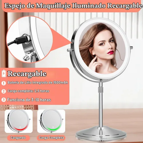 Vista 5 de Espejo de maquillaje iluminado con aumento, 10 x 8 pulgadas, espejo de tocador recargable de doble cara con luces, espejo de maquillaje de aumento