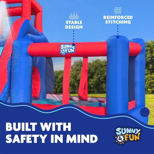 Vista 7 de Sunny & Fun Parque acuático inflable 2 en 1 Bounce & Blast - Resistente para diversión al aire libre - Pared de escalada, tobogán, gorila, túnel