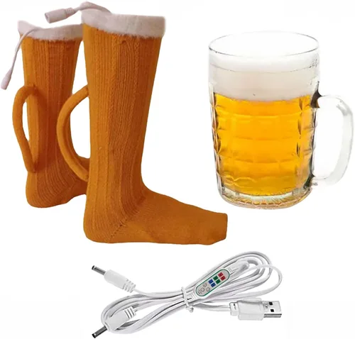 Vista 4 de Calcetines creativos para taza de cerveza, calcetines térmicos de punto amarillo, calcetines cálidos para hombres y mujeres, calcetines cálidos