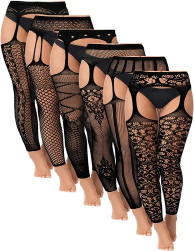 Vista 15 de Skylety 6 pares de medias de red para mujer, medias altas hasta el muslo, medias con tirantes para mujeres y niñas