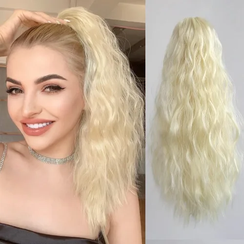 Vista 30 de Extensión de cola de caballo de garra negra natural ondulada de 16 pulgadas, extensiones de cabello sintético rizado con clip, extensiones