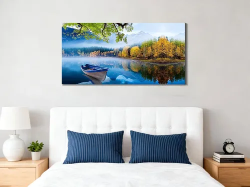 Vista 3 de Arjun Lienzo decorativo para pared, diseño de lago y montaña, cielo, naturaleza, paisaje, barco, ilustración, pintura escénica moderna, enmarcada