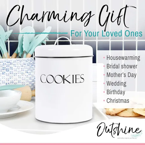 Vista 6 de OUTSHINE Tarro de galletas blanco con tapas herméticas Vintage Mostrador de cocina decorativo para encimera de granja, recipiente de metal