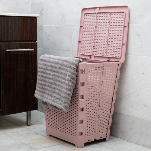 Vista 5 de Mind Reader Cesta plegable para ropa sucia de 61 litros, cesta de ropa, tapa, diseño de mimbre, plástico, 18 pulgadas de largo x 14.5 pulgadas