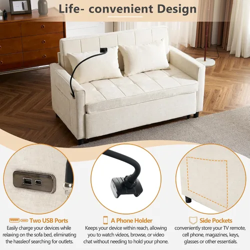 Vista 4 de Harper & Bright Designs Sofá cama convertible moderno de 56.9 pulgadas con un cojín de respaldo reversible, bolsillos laterales, dos puertos USB