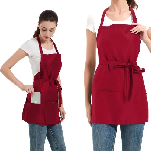 Vista 8 de Delantales para mujer con 3 bolsillos, delantal de cocina con revestimiento impermeable, delantal de chef con correa ajustable para el cuello Negro