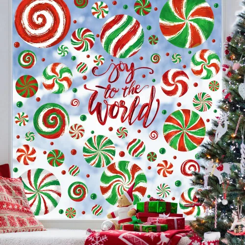 Vista 3 de DULEFUN Adhesivos de Navidad para ventana, calcomanías para ventana de caramelo, pintura al óleo, calcomanías de caramelo rojo y verde para fiesta