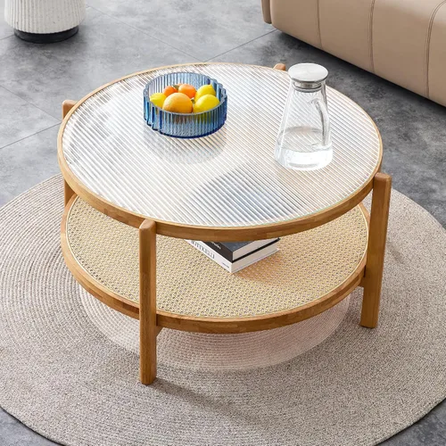 Vista 12 de Mesa de centro de madera de mediados de siglo con soporte de ratán de polietileno, mesa de café redonda de madera maciza de 33.45 pulgadas, mesa