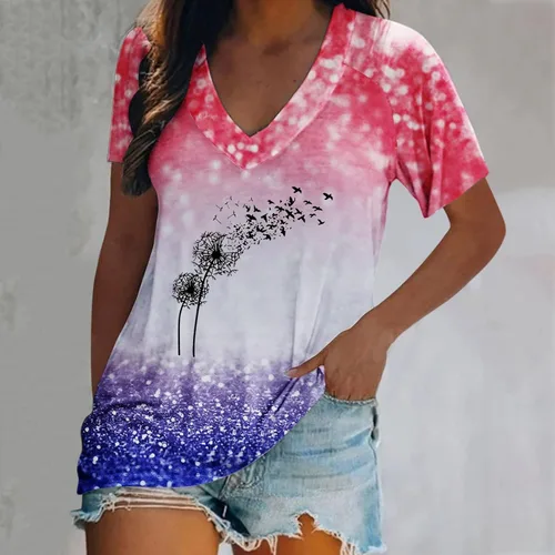 Vista 2 de Women's V Neck Butterfly Print Short Sleeve T Shirt Top Casual Summer Blouse Outer Wear Women Tees & Blouses Tunic Tops