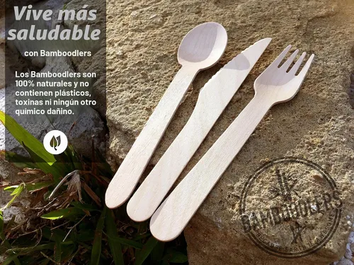 Vista 4 de juego de cubiertos de madera desechables 100 % natural, ecológico, biodegradable y compostable ¡La tierra es genial! 200 utensilios de 6.5