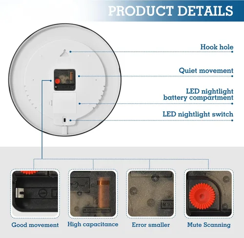 Vista 4 de Reloj de pared analógico retro de 12 pulgadas, funciona con pilas con luces LED para sala de estar, dormitorio, cocina, oficina, decoración, batería