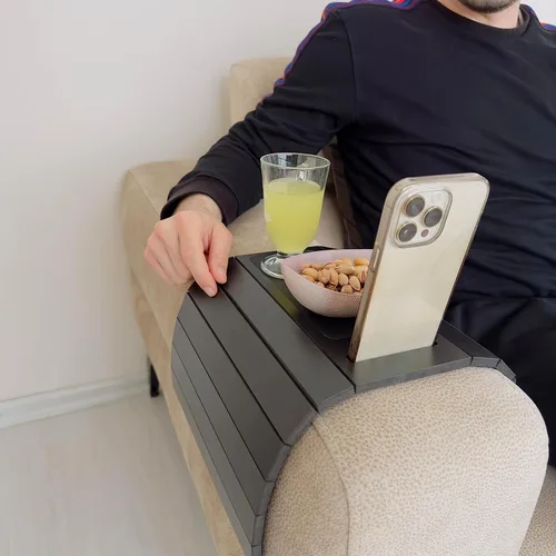 Vista 2 de Bandeja funcional de madera para sofá Mesa de brazo de sofá Bandeja de brazo de sofá ajustable Mesa auxiliar de sofá Bandeja