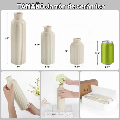 Vista 2 de Juego de 3 pequeños jarrones de cerámica beige, jarrones bohemios modernos de flores beige para decoración de habitación, decoración de granja