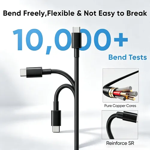Vista 2 de Cable USB C a USB C de 6 pulgadas, paquete de 20 cables cortos USB-C de Negro