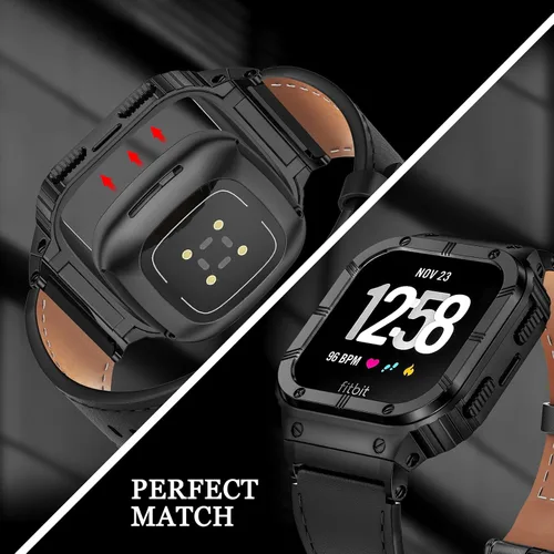 Vista 4 de BAITEYOU Leather Bands with Stainless Steel Case Compatible with Fitbit Versa 1 2 3 4 Lite Sense 2 1 Protective case for men