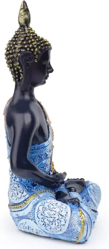 Vista 6 de Escultura meditadora de Buda Polystone, estatuas de Buda pintadas a mano, estatuas de Buda para el hogar, decoración de meditación, decoración Azul