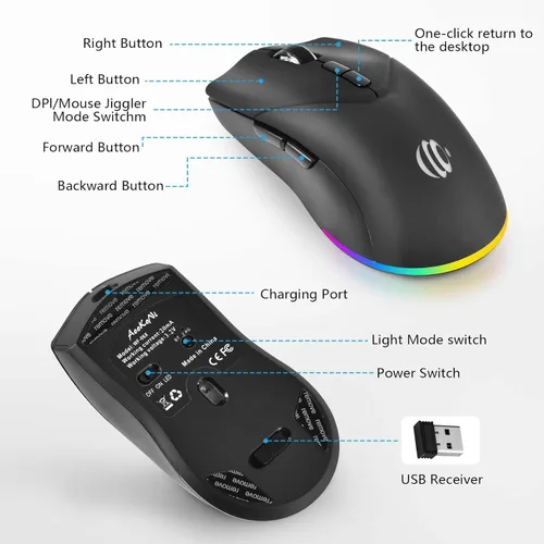 Vista 2 de Ratón inalámbrico, mouse recargable Bluetooth, modo dual BT 5.2 + 2.4G USB silencioso inalámbrico Bluetooth, diseño ergonómico RGB, mouse DPI
